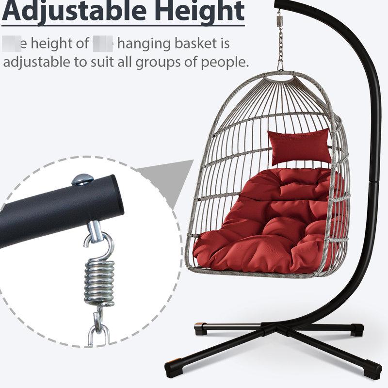 Support pour chaise d'extérieur, acier robuste, respirant, gris et rouge, facile à déplacer, idéal pour lire un œuf intérieur, chaîne réglable, rembourrage doux, coussin, support stable, gris noir