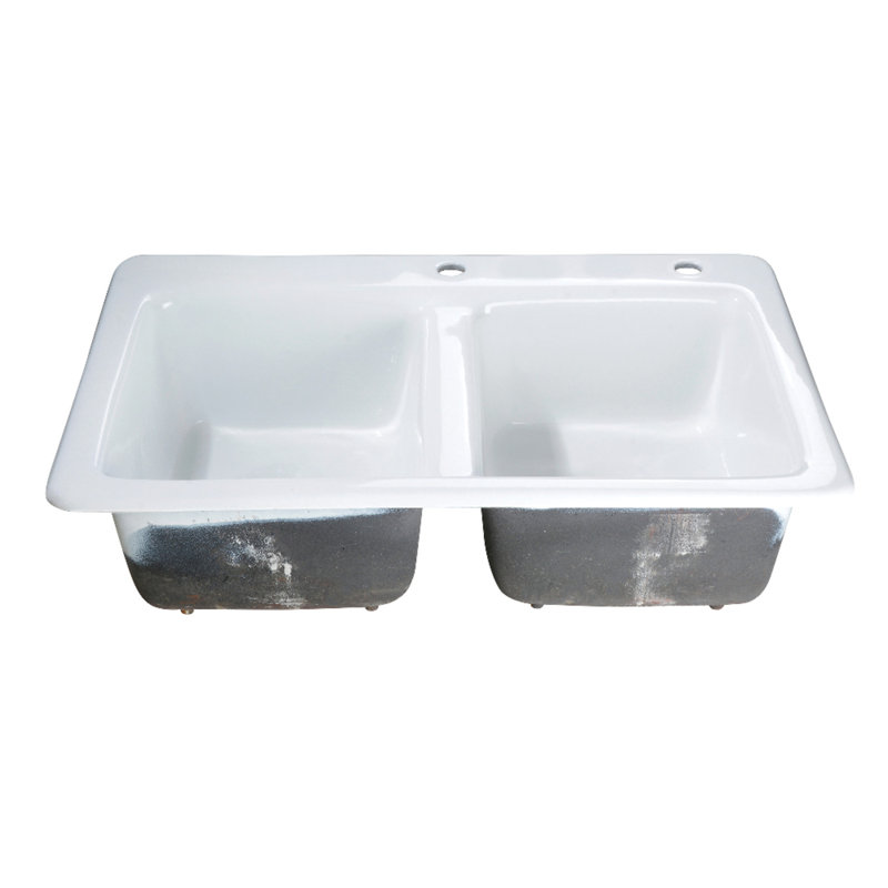 Kingston Brass Petra Galley 33-Inch Cast Iron Self-Rimming Double Bowl Drop-In Kitchen Sink, 2 Hole