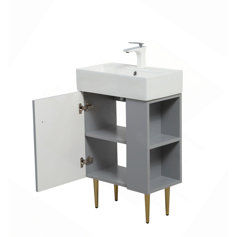 Meuble-lavabo à tablettes ouvertes 21,6 po avec lavabo en céramique, porte à fermeture en douceur, tablette de rangement droite, assemblage requis