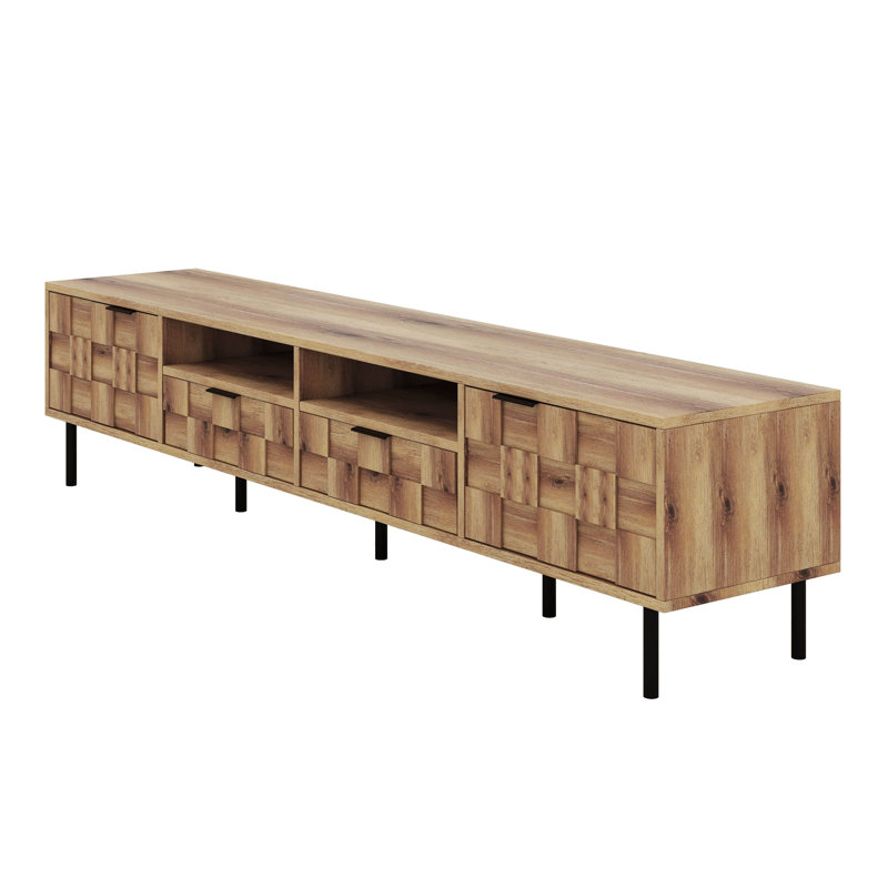 Meuble télé Mid-Century avec 2 tiroirs, console multimédia, Naturel