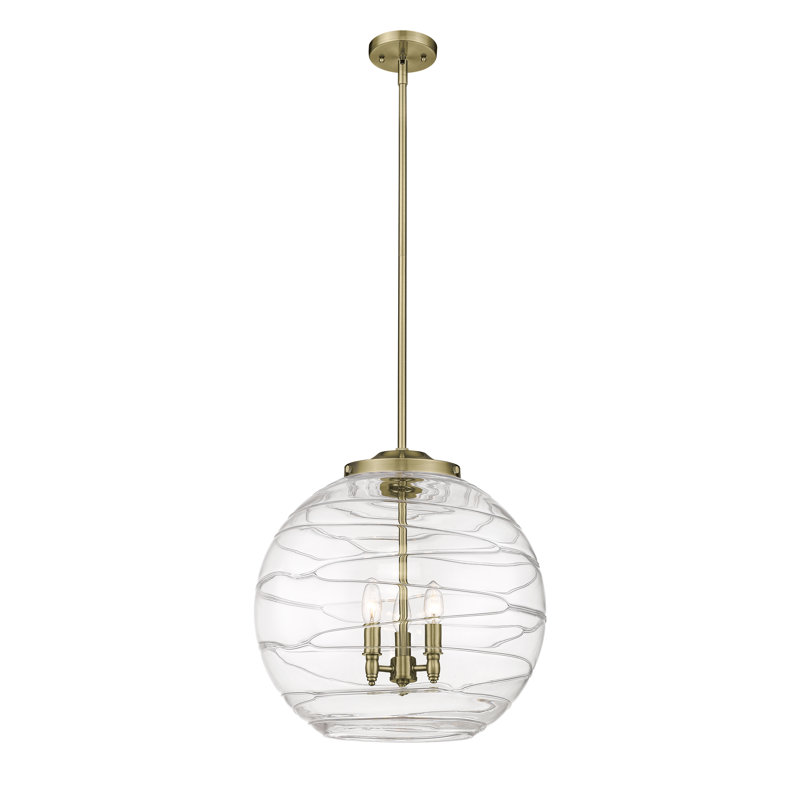 Luminaire suspendu 3 lumières Christly, Laiton antique, H 19,5 po x l 17,88 po x P 17,88 po, Transparent