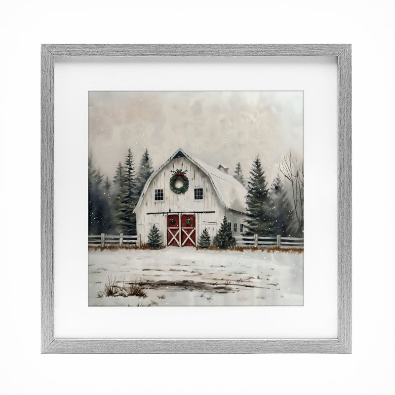 Christmas Barn with Wreat, reproduction encadrée sous verre, design by Creative Studio, Cadre de ferme gris