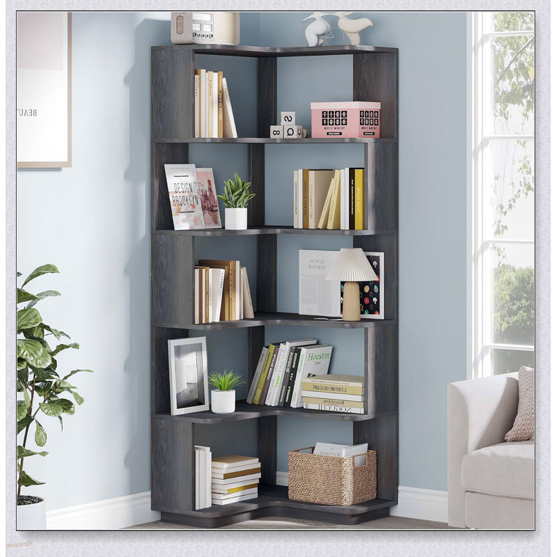Bibliothèque de coin en L à 6 niveaux avec panneaux anti-chute et tablette autoportante en grain pour l'organisation de la maison et du bureau