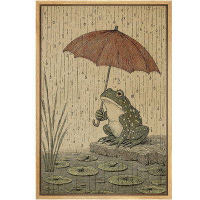 Illustration vintage d'une grenouille avec parapluie par temps de pluie, sur toile encadrée, pour la chambre principale. Impression d'art mural.