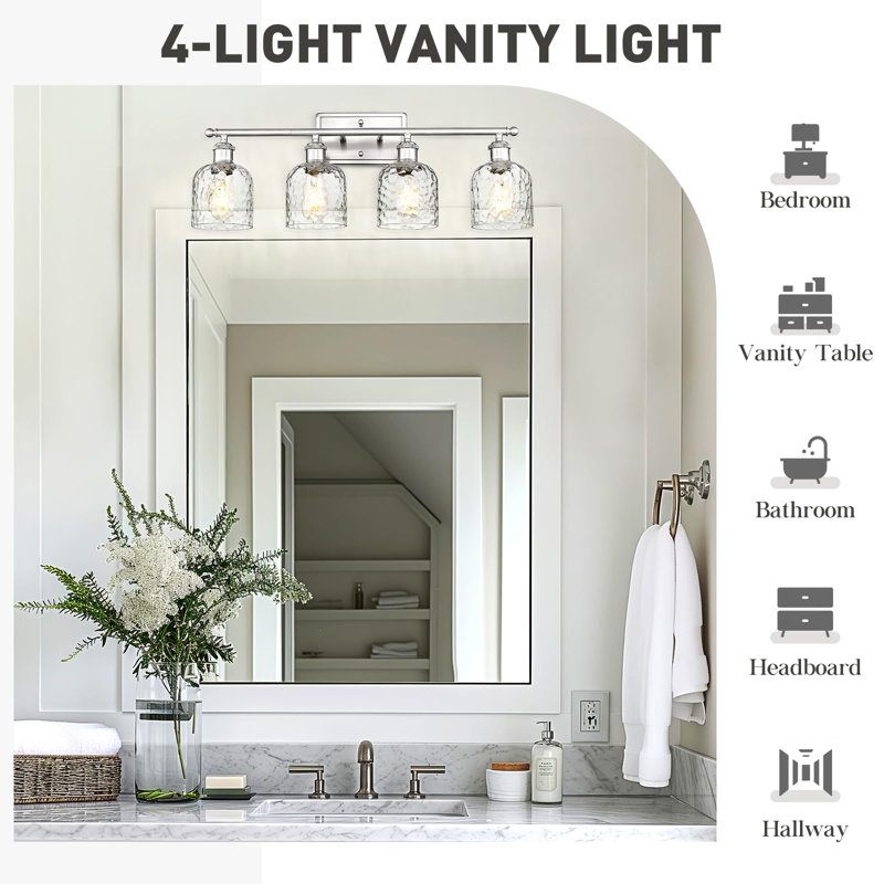 4-Light Bathroom Vanity Light With Clear Hammered Glass, Brushed Nickel