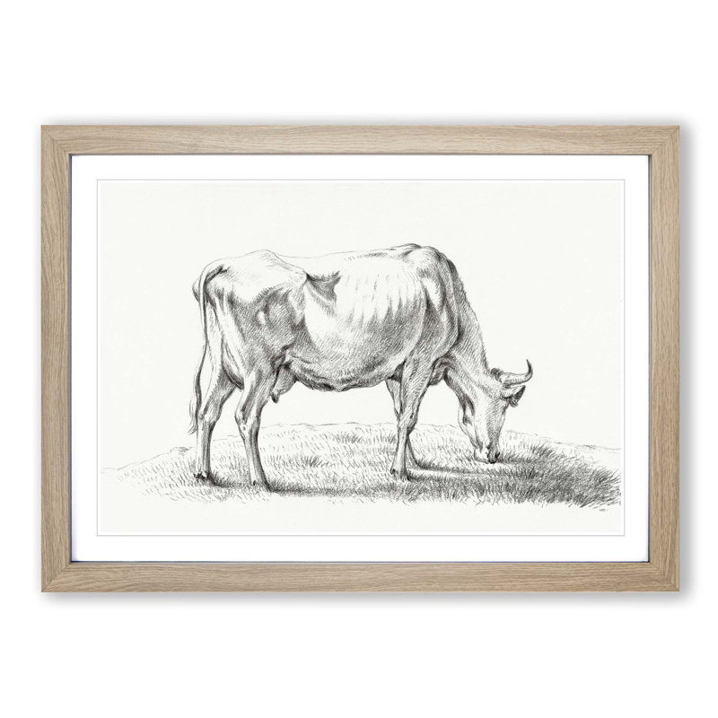 A Grazing Cow by Jean Bernard - Framed Print, 24cm H x 33cm W x 2cm D, Oak Framed