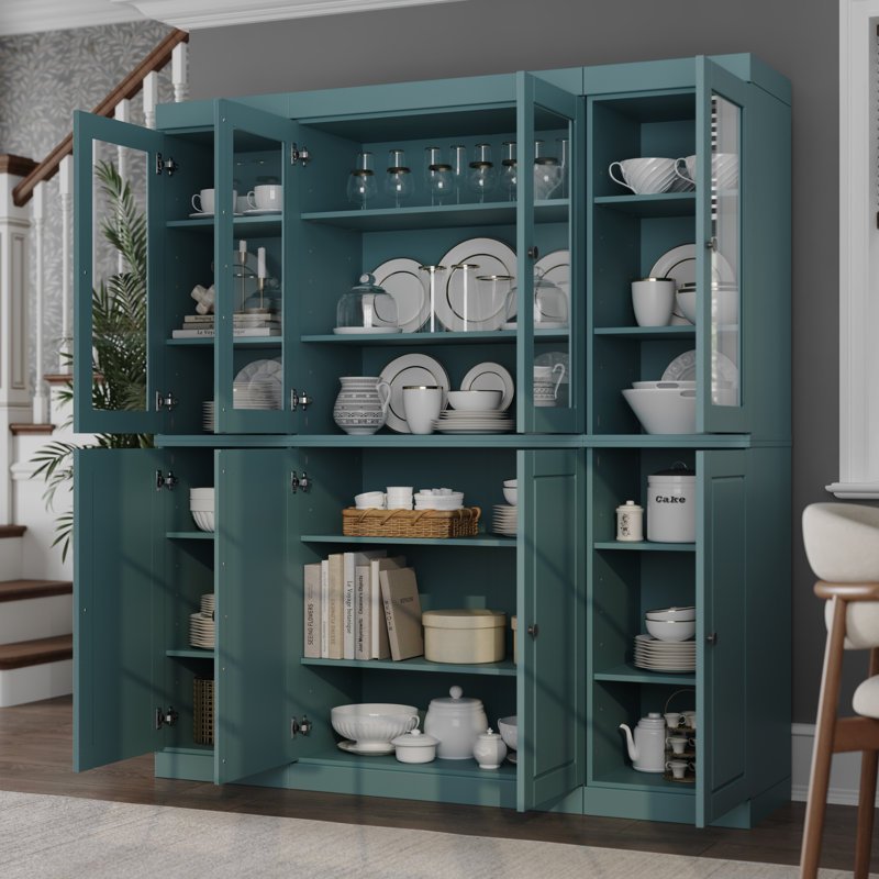 Grande armoire de cuisine en bois massif avec portes en verre Lodman, Turquoise