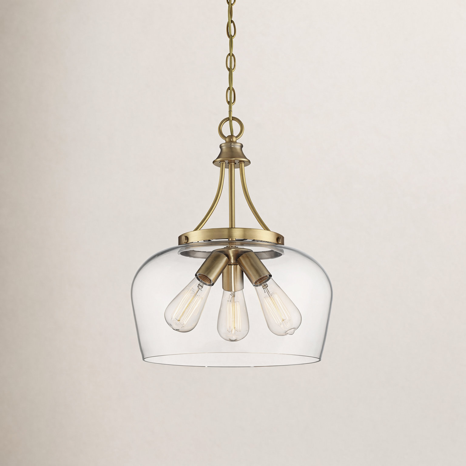 Breena Dimmable 3-Light Pendant, Warm Brass, Clear