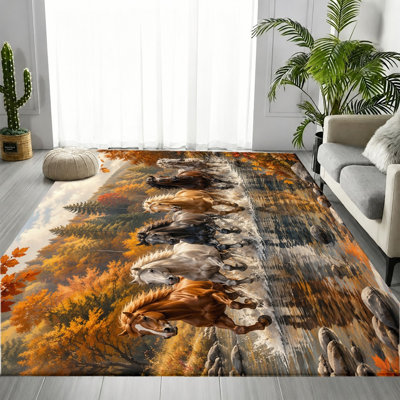 Tapis de course à pied en cascade de cheval, scène de forêt d'automne vive, motif animal dynamique, tapis antidérapant, décoration intérieure artistique pour le salon, la chambre à coucher, le vestibule, la cuisine, appartement