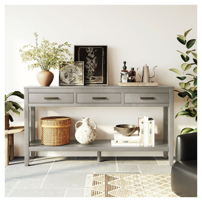 Console de 59,1 po avec 3 tiroirs et tablette inférieure ouverte en MDF gris pour le salon