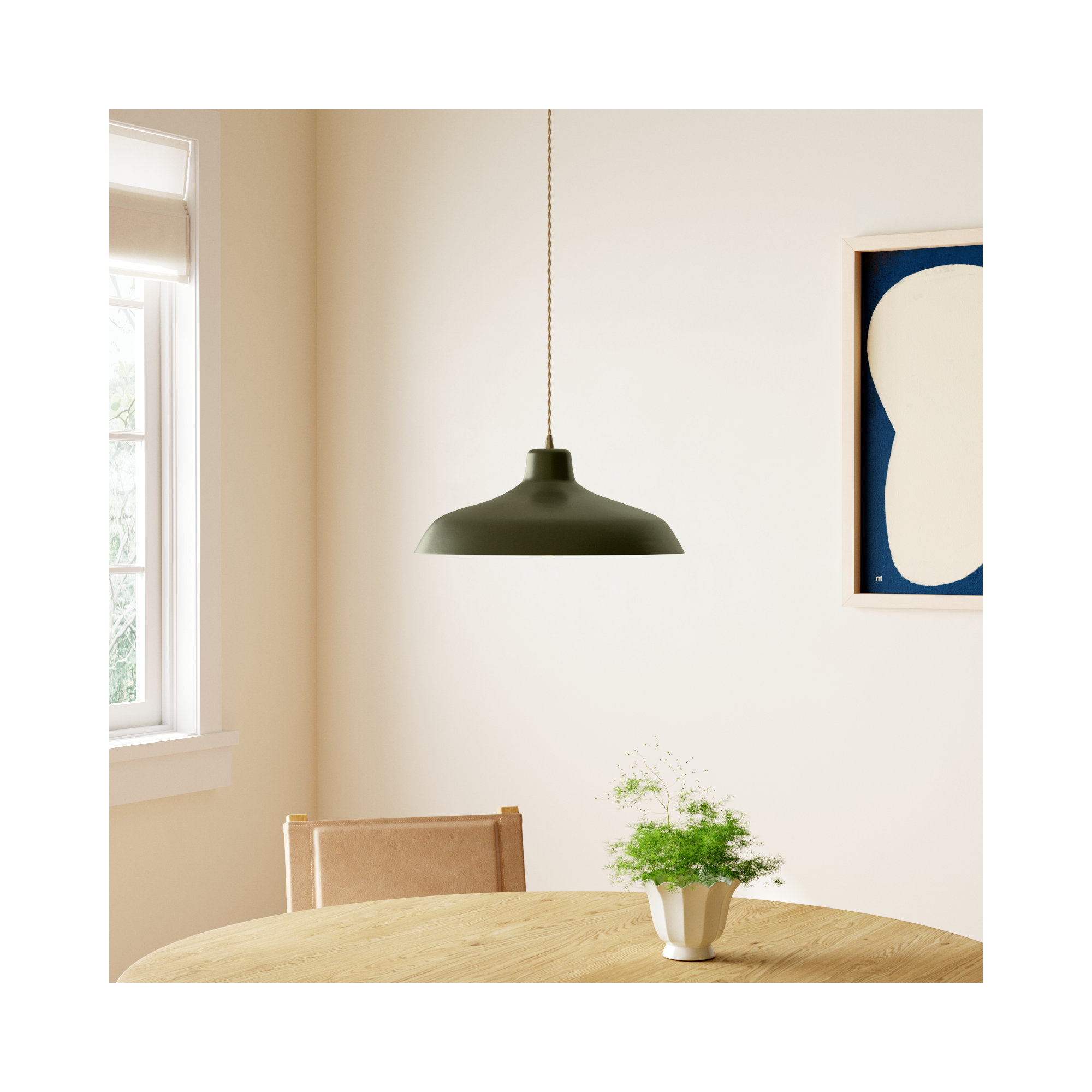Fallon Ceramic Dimmable Pendant, Matte Green, Antique Brass, 7.5" H x 15.5" W x 15.5" D