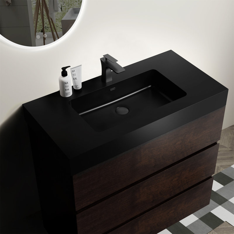 Meuble-lavabo de salle de bain en noyer 36 po avec tiroir et armoire de rangement Alice, Noyer, Noir