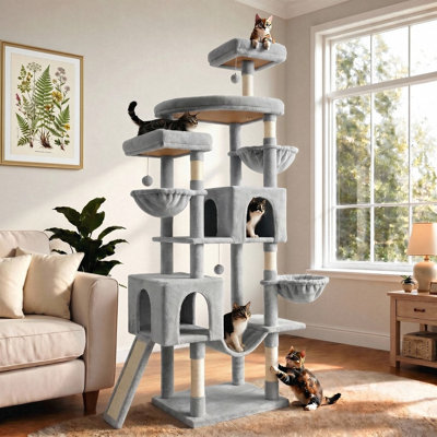 Multi-Level 82" Tall Curved Soft Plush Large Cat Condo House for Indoor Pets, Stable Heavy-Duty Cat Tree Tower with Sisal Posts, Perches, Hammocks & Hideout Caves