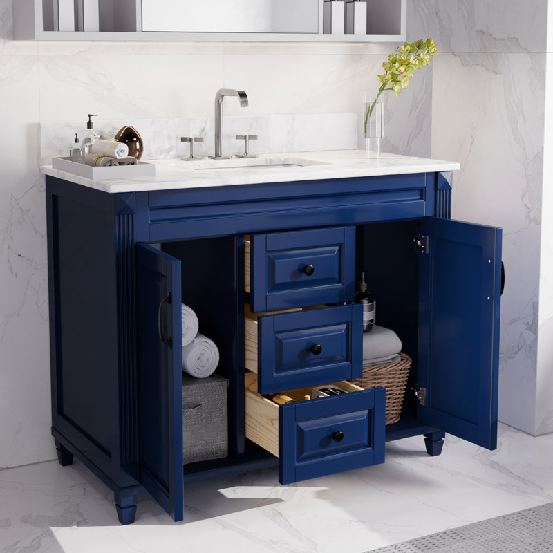 42" Single Bathroom Vanity with Engineered Marble Top and Ceramic Sink, Navy