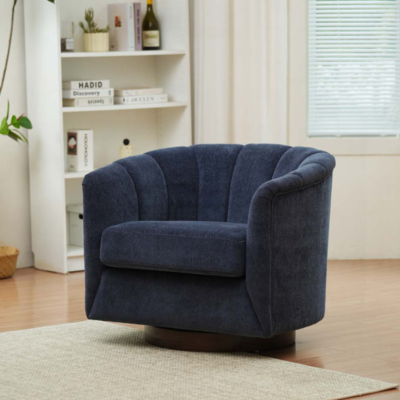 Wolen Upholstered Modern Swivel Barrel Chair, Brown Wood, Navy Chenille