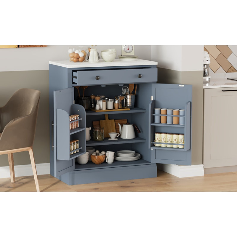 [Vidéo d'assemblage fournie] Garde-manger autoportant moderne, rangement pour aliments Buffet, armoire à café avec tiroir, 2 tablettes réglables et 2 tablettes de porte pour la salle à manger, cuisine, gris Topmax