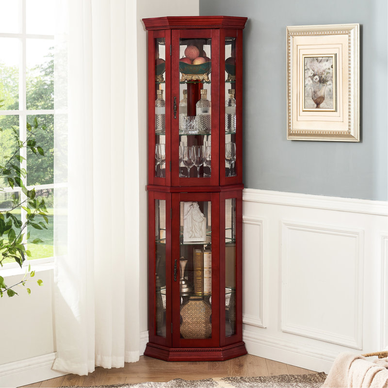Vitrine en cerisier avec tablettes en verre et options d'éclairage réglables, Cerisier