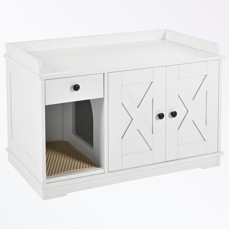Enceinte de litière pour chat avec tapis de litière pour chat et table d'appoint avec tiroir de rangement