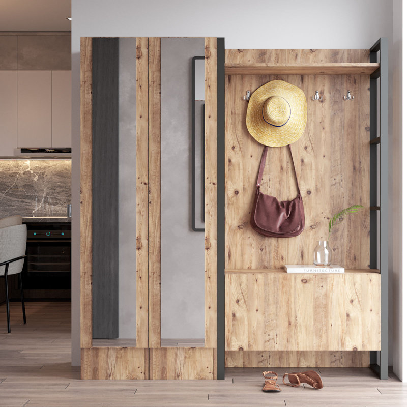 Modern Hall Stand with Metal Frame, Atlantic Pine Finish, 35.4 x 70.9 x 13.4 inches | 100% Melamine Coated Particle Board, Thickness: 0.7 inches | Stylish & Functional Storage Solution for Entryway, Industrial Design, Durable & Elegant
