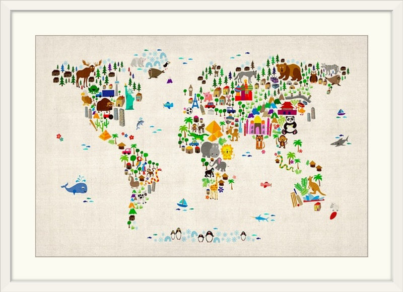 «Animal World Map» par Correen, impression, H 32 po x l 44 po x P 1 po, Cadre blanc