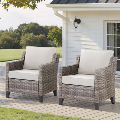 Ensemble de 2 fauteuils de patio en osier avec coussins haute résilience et tissu d'oléfine