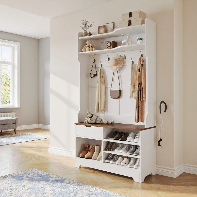 Farmhouse Entryway Hall Tree with Bench & Shoe Storage – 7 Double Hooks, Drawer & Cabinet, White
