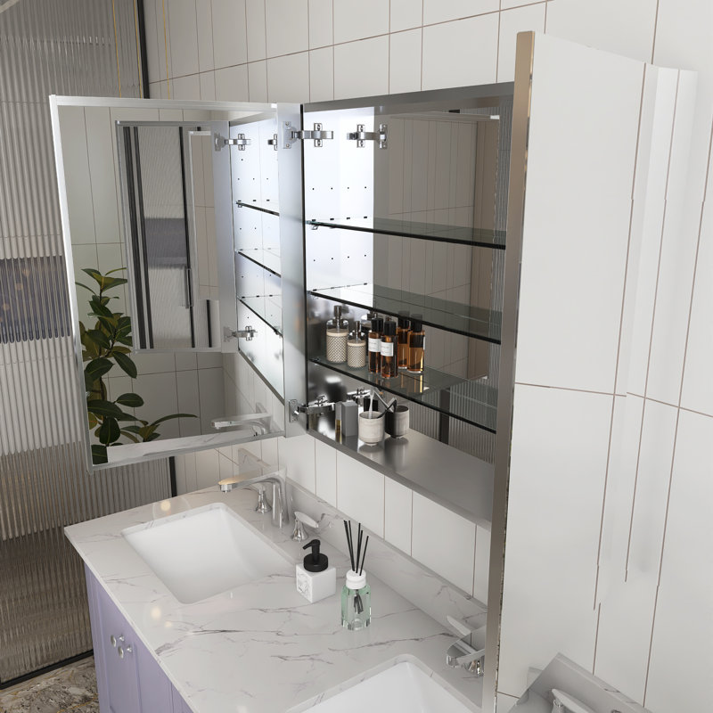 48'' W ×30'' H Surface Mount Frameless Aluminum Medicine Cabinet ?With Triple-Hinged Doors?, Copper-Free Mirror And Glass Shelves?
