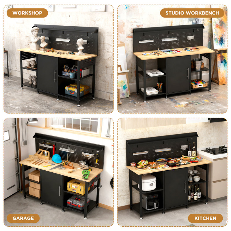 Établi robuste de 60 pouces avec armoire de rangement, plateau en bois, capacité de 2000 lb, grande table de travail de garage avec panneau perforé, prise de courant