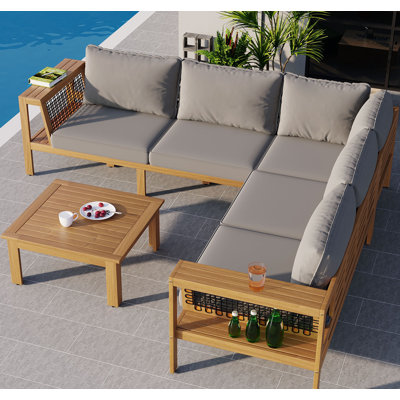 Old Sku: Ensemble de canapé d'extérieur en bois d'acacia 4 pièces N704g00049e, accoudoirs en filet tissé, ensemble de canapé de patio en forme de L avec table basse, ensemble de conversation d'extérieur avec coussins gris