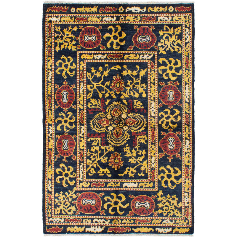 Tapis unique en laine noué à la main Mogul beige / noir / rouge des années 2010 de 5 pi 2 po x 7 pi 10 po Olu