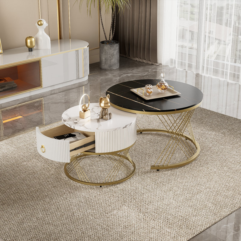 Round Nesting Coffee Table Set Marble Effect Drawer Gold Metal Legs Side End Units Living Room Furniture Base, White & Black