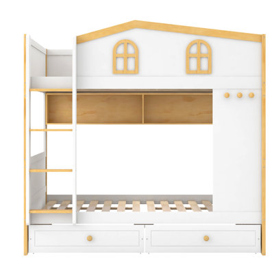 Full Over Full Bunk Bed with House-Shaped Guardrails, Built-in Storage Shelves and Pull-Out Drawers, Solid Wood Frame for Bedroom