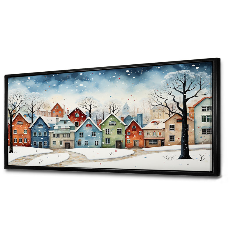 Multicolor Frosty City In Winter I - Winter Landscape, art mural, Cadre flottant noir, H 28 po x l 60 po x P 1,5 po