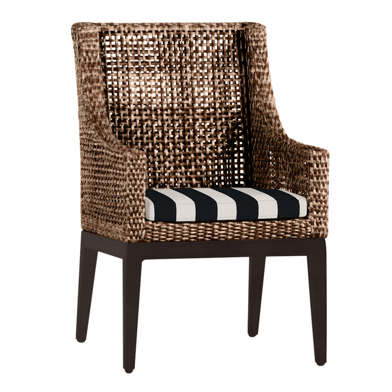 Peninsula Patio Dining Armchair with Cushions, No Welt, Cabana Midnight Stripe Sunbrella®, Mahogany/Chestnut