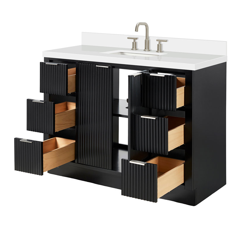 Meuble-lavabo simple en bois massif avec plateau en quartz 1,5 po Haun, Rectangulaire, Noir, noir, noir, noir, 49"
