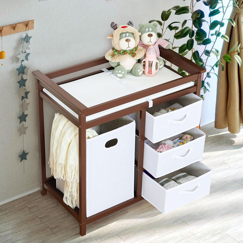 Table à langer en bois, table à langer, commode à langer avec panier à linge, panier à 3 tiroirs et matelas à langer (brun)