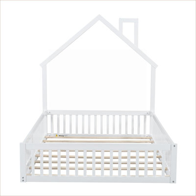 Lit plateforme double en bois massif de style maison avec garde-corps de sécurité, sans sommier tapissier, finition blanche