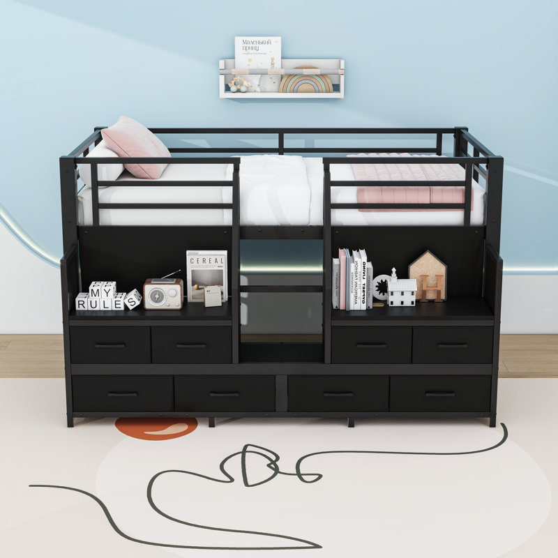 Lit mezzanine bas 8 tiroirs avec éclairage à DEL et zone d'activité sous le lit, Black