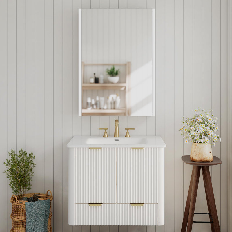 Floating Bathroom Vanity With Sink And Medicine Cabinet Mirror With LED Light, White