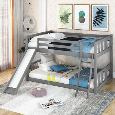 Lit superposé double au-dessus de simple avec glissière convertible interactive et structure d'accès sécuritaire, gris