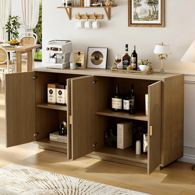 Buffet cannelé de 149,4 cm (58,8 po) avec arc symétrique, console et meuble télé avec rangements, 4 portes et étagères ouvertes.