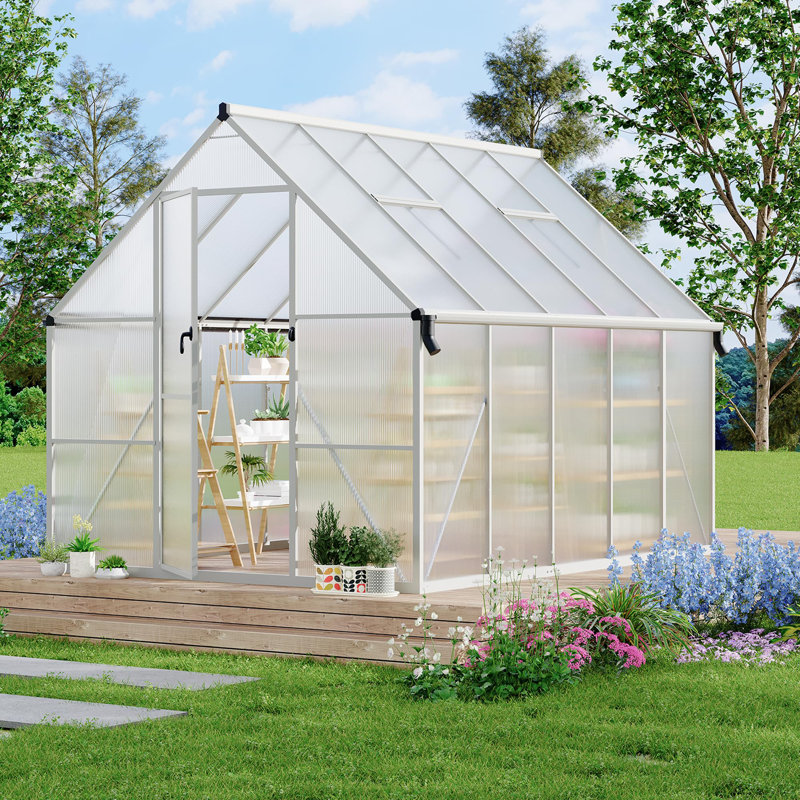 8×10 ft Outdoor Polycarbonate Greenhouse, Walk-In with Quick-Setup Aluminum Frame, Adjustable Roof Vent, Silver