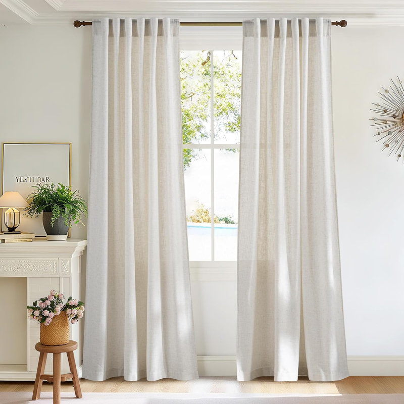  Linen Curtains 2 Panels Set for Living Room/Bedroom, Thick Flax Linen Blend Privacy Window Drapes Rod Pocket & Back Tab with Light Filtering