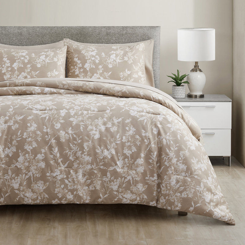 Wonderful Botanical Floral 7 Piece Comforter Set, Light Khaki, King