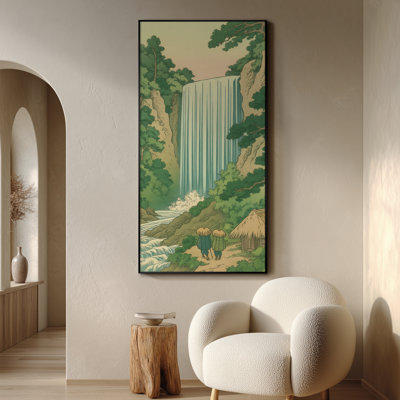 Extra Large Wall Art Fabric Print - Mountain Waterfall Landscape with Two Travelers Artwork Decor for Living Room or Bedroom - "Frame Assembly Require