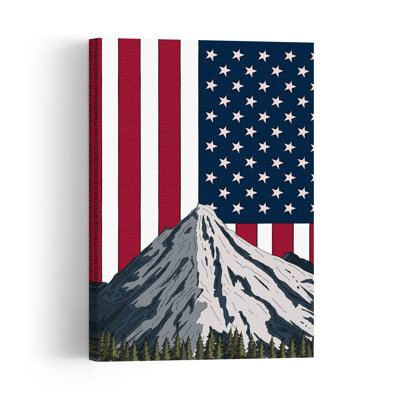 American Flag Mountain Abstract Contemporary Evergreen Tree Forest Landscape Wall Art Print 1 Piece Wrapped Canvas Wall Art