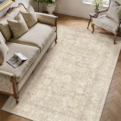 Tapis Rosalie lavable à la machine, motif floral vintage, avec envers antidérapant