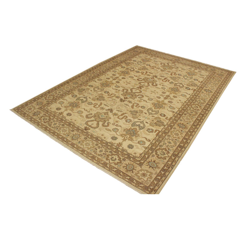 Tapis ivoire / brun clair en laine noué à la main de style oriental Silke 9 pi 11 po x 14 pi 1 po Silke