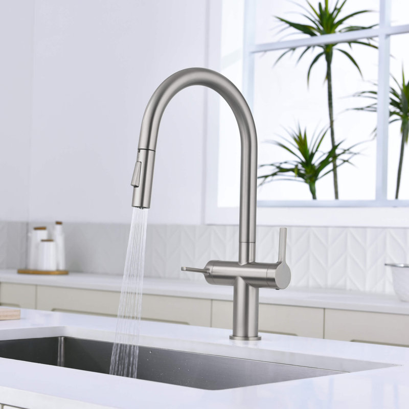 Novo Single Hole Two Handle Pull Down Kitchen Faucet, Brushed Nickel