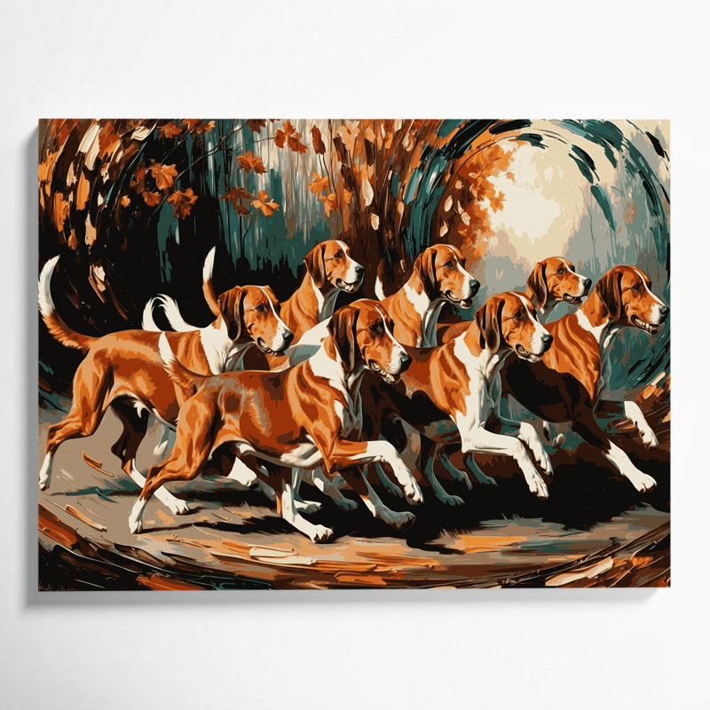 «Dogs American Foxhound», art mural sur toile noire, H 20 po x l 30 po